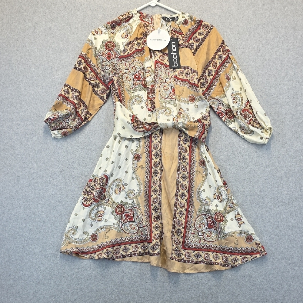 Boohoo Paisley Boho Mini Dress Long Sleeve Tie Waist NWT Size 4